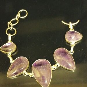 NATURAL GENUINE AMETHYST GEMSTONE & "'925'-SS" CHAIN LINK BRACELET - 9 inches